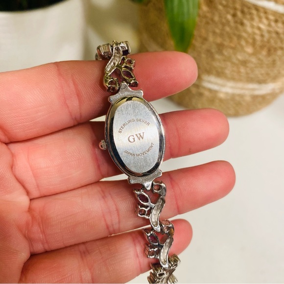 Vintage Gem Watch Sterling Silver Mother Of Pearl Face Amethyst Bracelet 7.5” - Picture 11 of 11